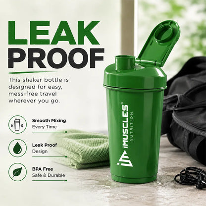 In "black 6.jpg", a black iMuscles Nutrition shaker bottle is displayed alongside a blender ball with a dynamic water splash effect. The image highlights the bottle's premium features, including smooth mixing, lump-free results, BPA-free material, and easy-to-clean design, showcasing a high-performance accessory for fitness enthusiasts.