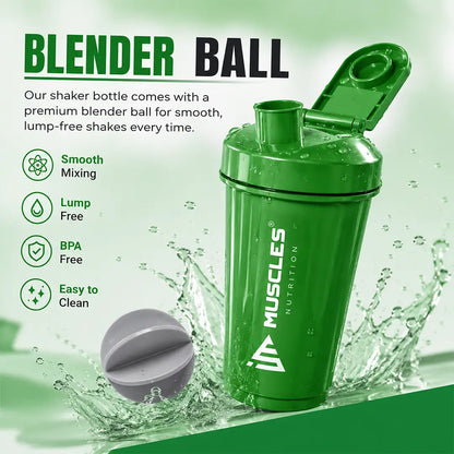 In "black 6.jpg", a black iMuscles Nutrition shaker bottle is displayed alongside a blender ball with a dynamic water splash effect. The image highlights the bottle's premium features, including smooth mixing, lump-free results, BPA-free material, and easy-to-clean design, showcasing a high-performance accessory for fitness enthusiasts.