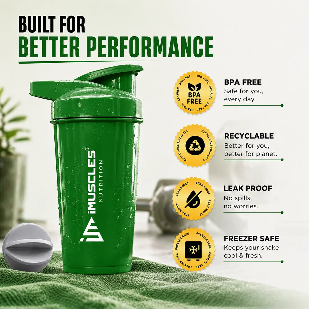 In "black 7.jpg", a black iMuscles Nutrition shaker bottle is displayed on a towel, highlighting its premium performance features. The image emphasizes key benefits, including BPA-free construction, recyclable materials, a leak-proof design, and freezer safety, presenting an essential, high-quality accessory for modern fitness enthusiasts and supplement users.