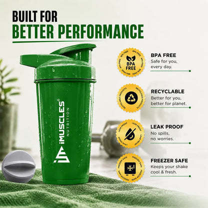 In "black 7.jpg", a black iMuscles Nutrition shaker bottle is displayed on a towel, highlighting its premium performance features. The image emphasizes key benefits, including BPA-free construction, recyclable materials, a leak-proof design, and freezer safety, presenting an essential, high-quality accessory for modern fitness enthusiasts and supplement users.