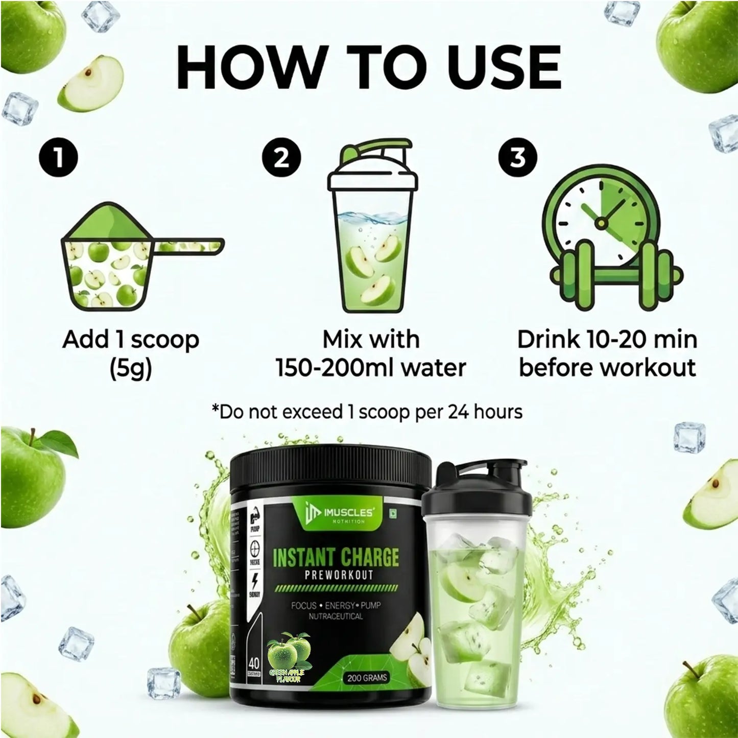 An instructional infographic banner titled "Green Apple 11.jpg" explaining "HOW TO USE" a pre-workout supplement. It features a three-step guide: 1) Add 1 scoop (5g), 2) Mix with 150-200ml water, and 3) Drink 10-20 min before workout, displayed above an iMuscles Nutrition jar and a shaker bottle surrounded by green apples and ice cubes.