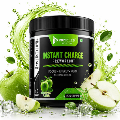 iMuscles Nutrition Instant Charge Pre-Workout supplement jar in green apple flavour with fresh apple slices and splash effect, designed to boost energy, focus, and muscle pump performance.
