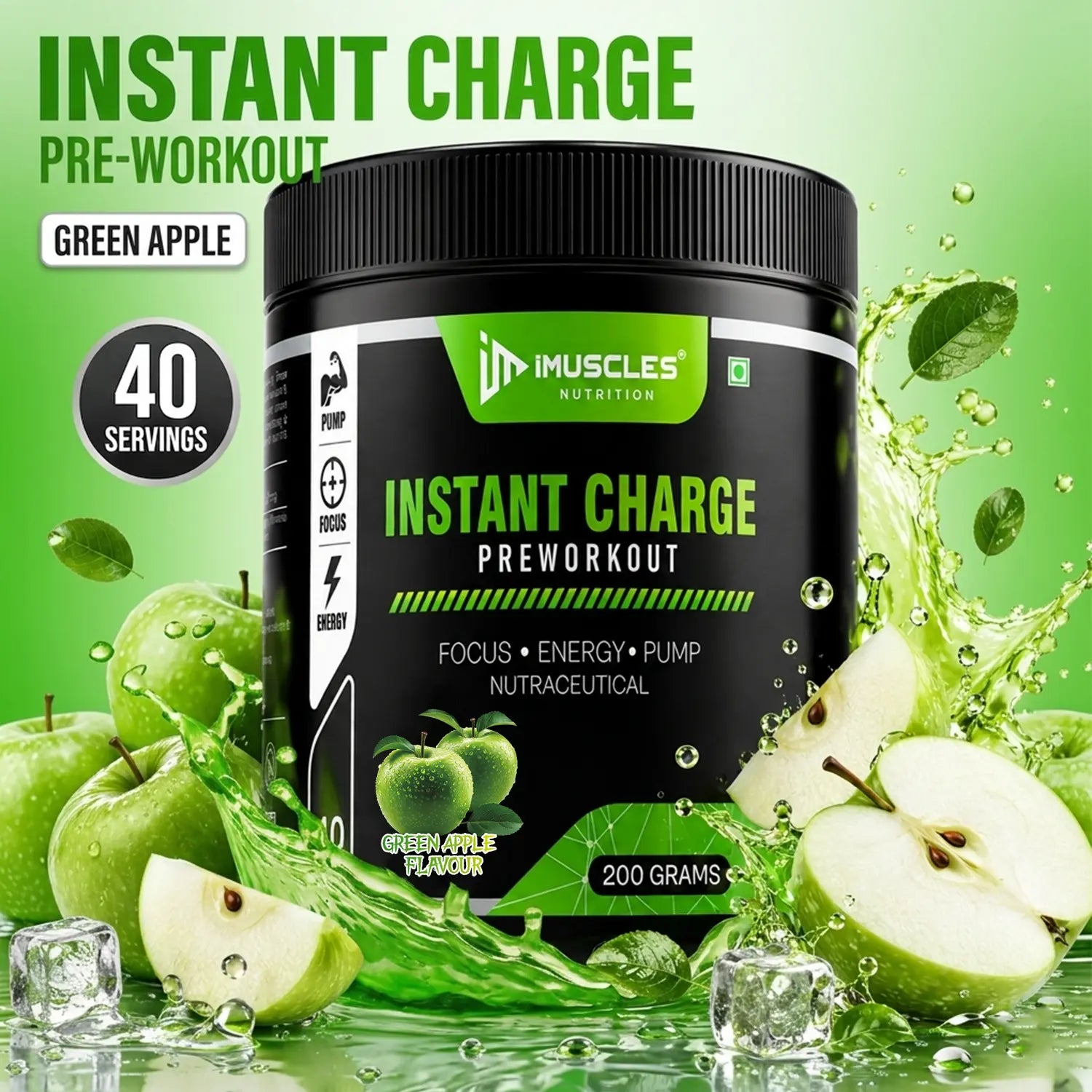 A vibrant product advertisement graphic labeled "Green Apple 8.jpg" for iMuscles Nutrition "INSTANT CHARGE" pre-workout in Green Apple flavour. The black 200g jar is surrounded by fresh green apples, sliced apples, ice cubes, and an energetic green liquid splash, with a prominent "40 SERVINGS" badge on the left.