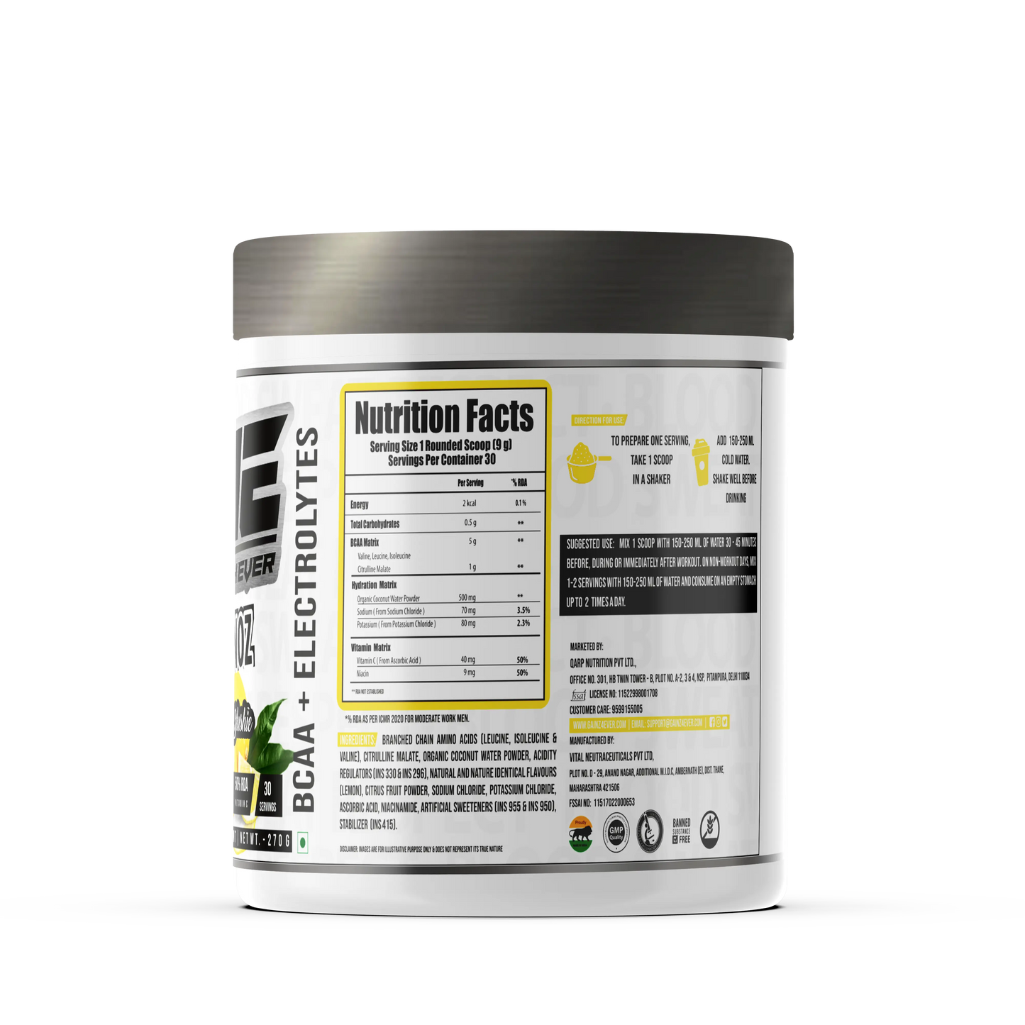 A promotional graphic for GAINZ 4 EVER AMINOZ Refreshing Watermelon Intra & Post Workout Supplement. The white 270g jar features a watermelon illustration and lists key ingredients including L-Leucine, L-Isoleucine, L-Valine, and L-Citrulline. It highlights 5.0g BCAA, 650mg Hydration Matrix, and 50% RDA Vitamin C per serving.