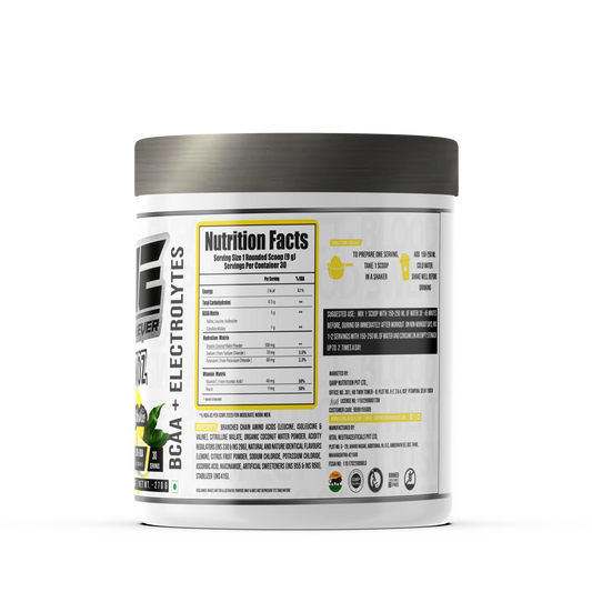 A promotional graphic for GAINZ 4 EVER AMINOZ Refreshing Watermelon Intra & Post Workout Supplement. The white 270g jar features a watermelon illustration and lists key ingredients including L-Leucine, L-Isoleucine, L-Valine, and L-Citrulline. It highlights 5.0g BCAA, 650mg Hydration Matrix, and 50% RDA Vitamin C per serving.