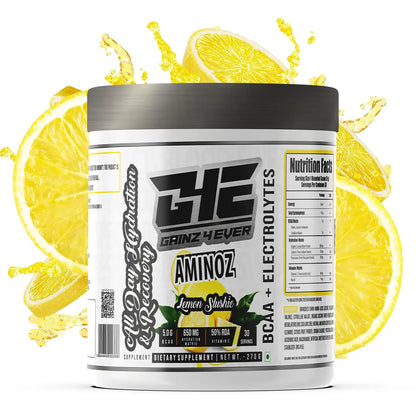 A promotional graphic for GAINZ 4 EVER AMINOZ Refreshing Watermelon Intra & Post Workout Supplement. The white 270g jar features a watermelon illustration and lists key ingredients including L-Leucine, L-Isoleucine, L-Valine, and L-Citrulline. It highlights 5.0g BCAA, 650mg Hydration Matrix, and 50% RDA Vitamin C per serving.