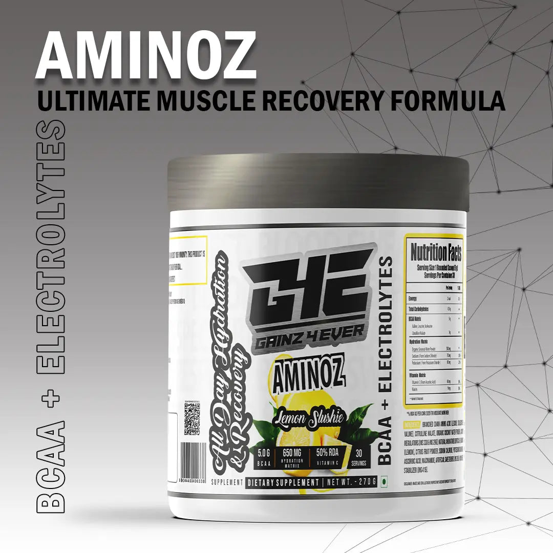 A promotional graphic for GAINZ 4 EVER AMINOZ Refreshing Watermelon Intra & Post Workout Supplement. The white 270g jar features a watermelon illustration and lists key ingredients including L-Leucine, L-Isoleucine, L-Valine, and L-Citrulline. It highlights 5.0g BCAA, 650mg Hydration Matrix, and 50% RDA Vitamin C per serving.