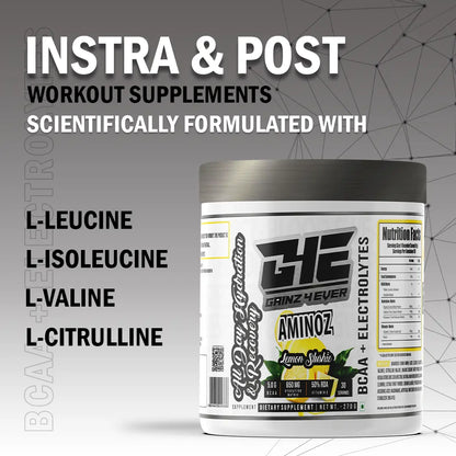 A promotional graphic for GAINZ 4 EVER AMINOZ Refreshing Watermelon Intra & Post Workout Supplement. The white 270g jar features a watermelon illustration and lists key ingredients including L-Leucine, L-Isoleucine, L-Valine, and L-Citrulline. It highlights 5.0g BCAA, 650mg Hydration Matrix, and 50% RDA Vitamin C per serving.