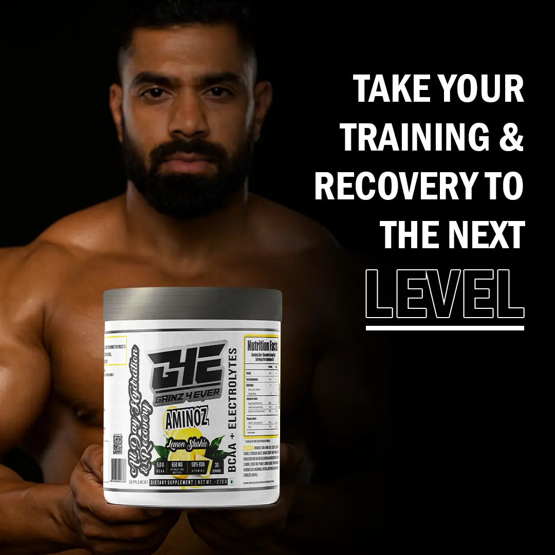 A promotional graphic for GAINZ 4 EVER AMINOZ Refreshing Watermelon Intra & Post Workout Supplement. The white 270g jar features a watermelon illustration and lists key ingredients including L-Leucine, L-Isoleucine, L-Valine, and L-Citrulline. It highlights 5.0g BCAA, 650mg Hydration Matrix, and 50% RDA Vitamin C per serving.