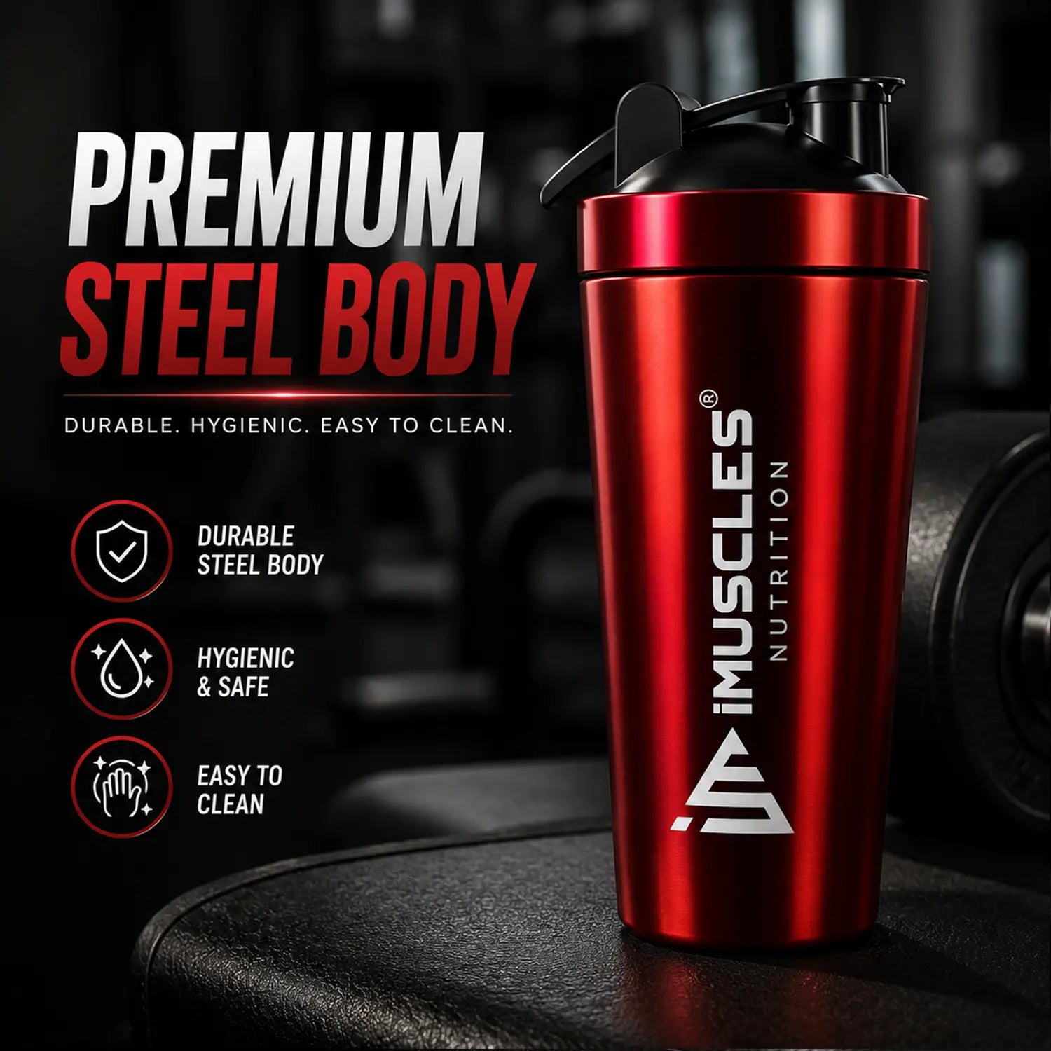 A promotional advertisement for "BLUE 1.1.jpg" featuring a premium blue steel shaker bottle from iMuscles Nutrition. The text highlights its durable, hygienic, and easy-to-clean design, showcasing it as a reliable fitness accessory for gym-goers needing a safe and high-quality container for their supplements and workout drinks.