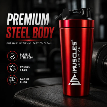 A promotional advertisement for "BLUE 1.1.jpg" featuring a premium blue steel shaker bottle from iMuscles Nutrition. The text highlights its durable, hygienic, and easy-to-clean design, showcasing it as a reliable fitness accessory for gym-goers needing a safe and high-quality container for their supplements and workout drinks.