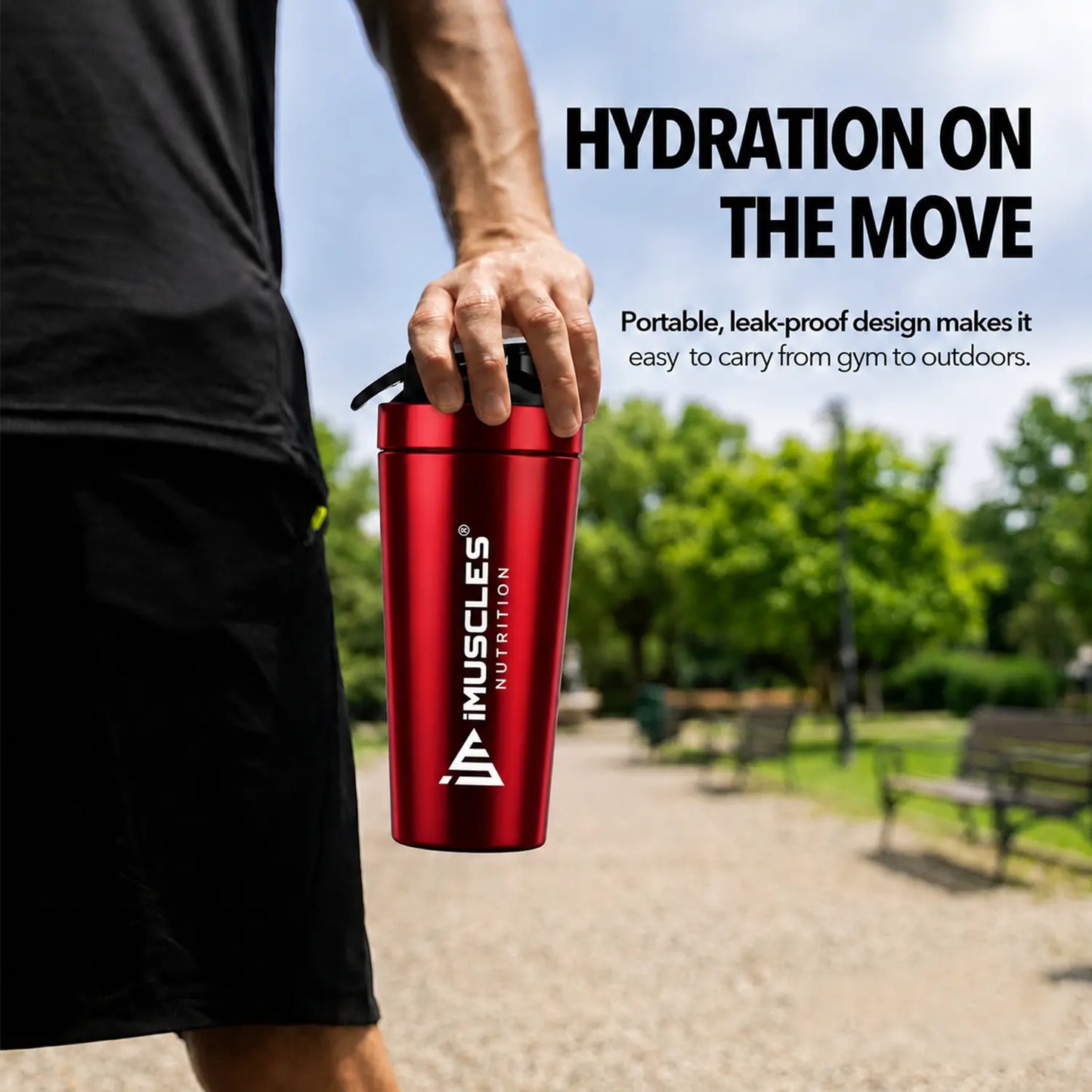 A promotional advertisement for "BLUE 1. 2.jpg" featuring a person carrying a blue iMuscles Nutrition shaker bottle in a park. Titled "Hydration on the Move," the graphic highlights the product's portable, leak-proof design, making it convenient to transport from the gym to outdoor activities.