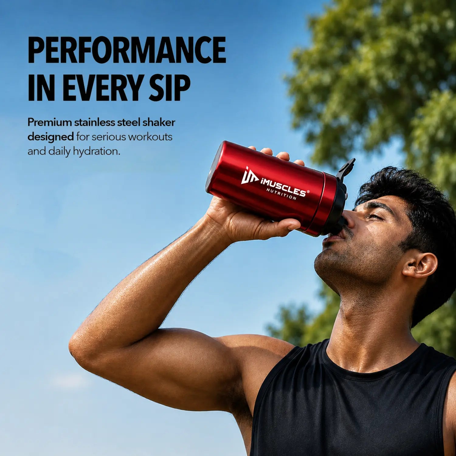 A promotional advertisement for "BLUE 1. 3.jpg" featuring an athlete drinking from a premium blue stainless steel iMuscles Nutrition shaker bottle. The graphic, titled "Performance in Every Sip," highlights the bottle's design for serious workouts and daily hydration, emphasizing both durability and functionality for active users.