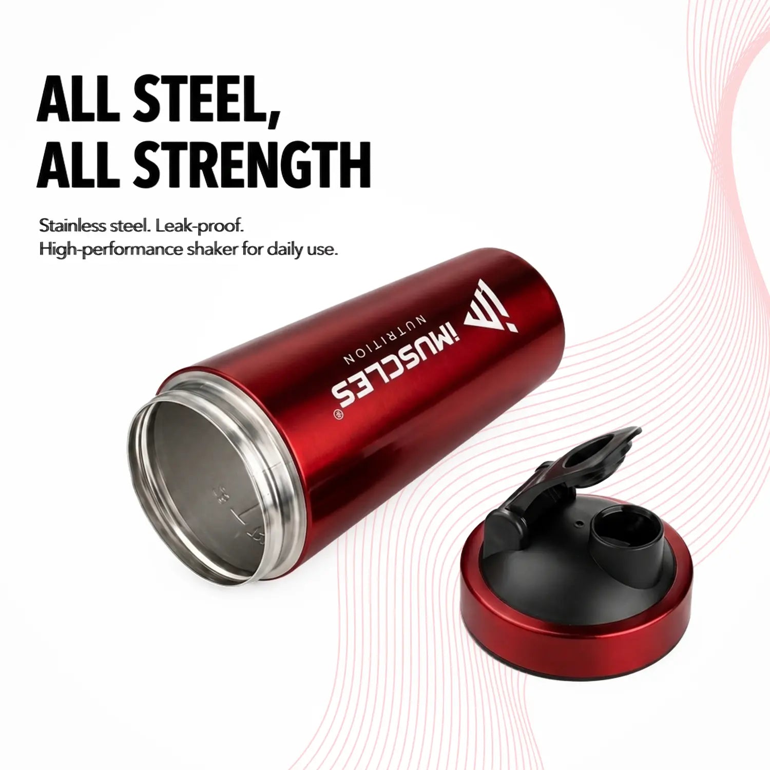A promotional advertisement for "BLUE 1. 5.jpg" featuring a blue iMuscles Nutrition stainless steel shaker bottle with its lid open. The graphic, titled "All Steel, All Strength," emphasizes its leak-proof, high-performance design, highlighting the durability and strength required for daily use by athletes and fitness enthusiasts.