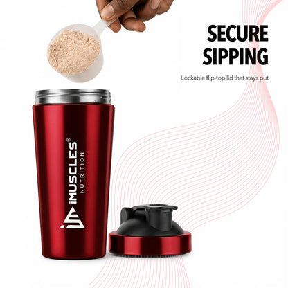 A promotional graphic for "BLUE 1. 6.jpg" showcasing a blue iMuscles Nutrition shaker bottle being filled with protein powder. The image highlights the "Secure Sipping" feature, featuring a lockable flip-top lid that stays firmly in place during use, ensuring a mess-free experience for athletes and gym-goers.