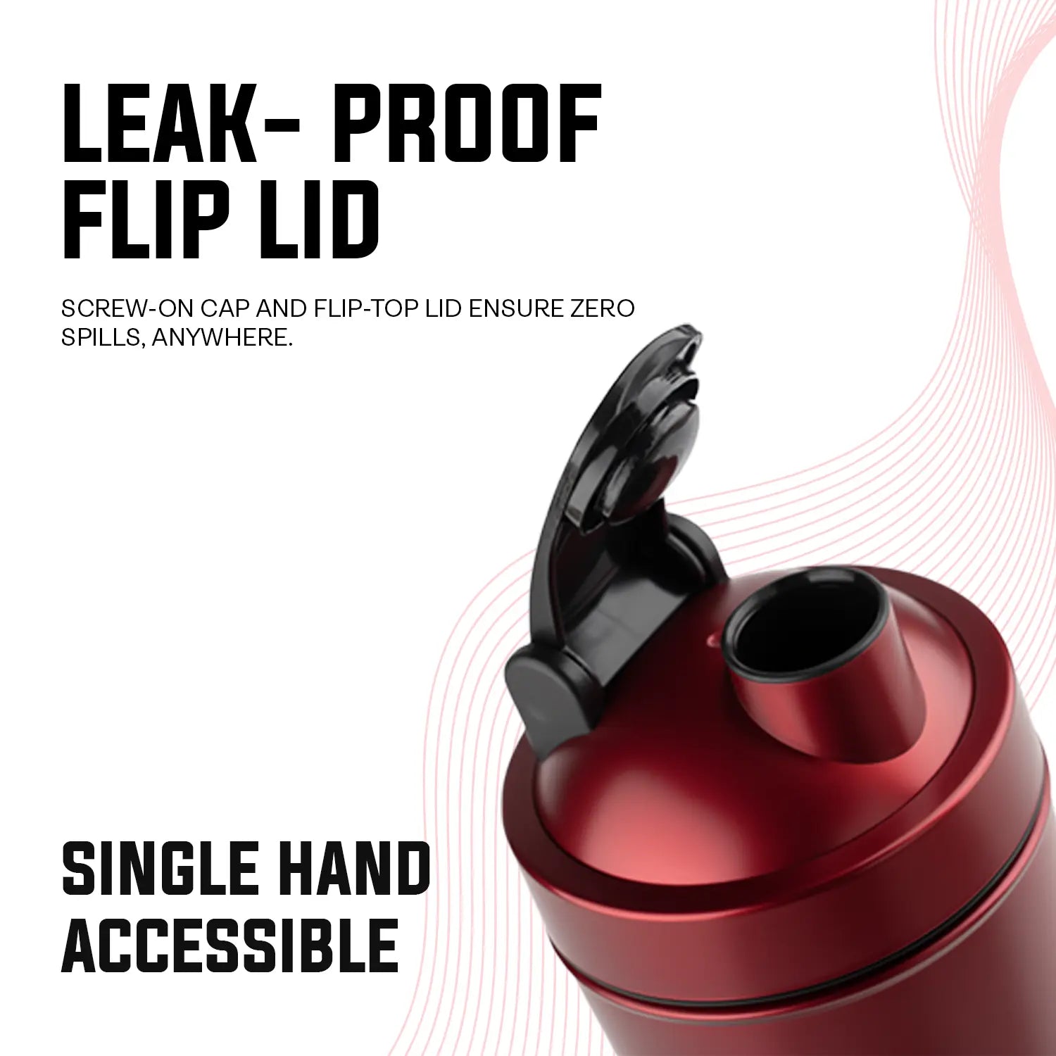 A promotional graphic for "BLUE 1. 8.jpg" highlighting the leak-proof flip lid design of an iMuscles Nutrition shaker bottle. The image emphasizes its screw-on cap and flip-top lid, which ensure zero spills anywhere and provide convenient single-hand accessibility for active users.