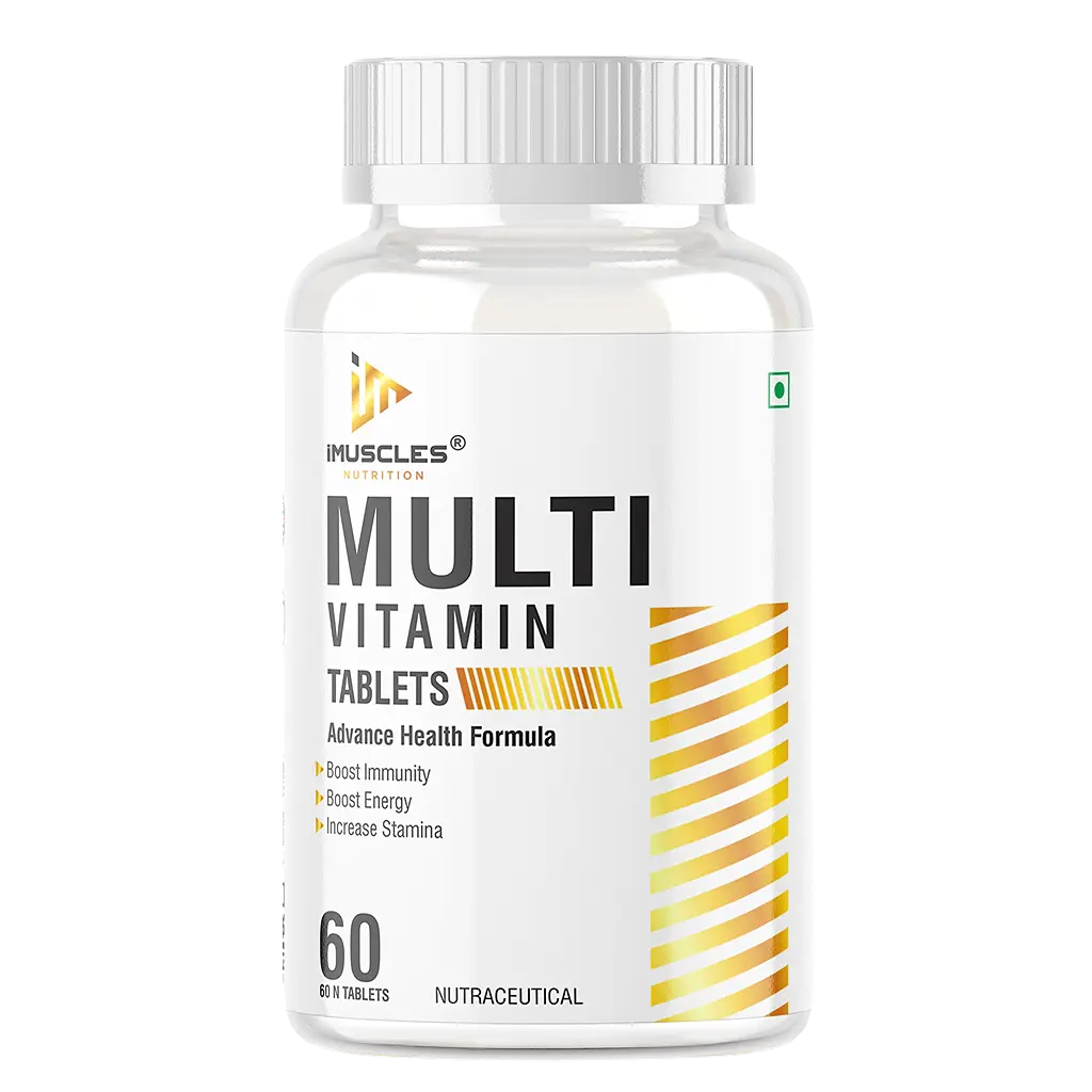 iMuscles Nutrition Multivitamin Tablets banner featuring two 60-count bottles. One bottle stands upright while the other is tipped over with several reddish-brown tablets spilled out. Bold text reads "MULTIVITAMIN TABLETS" and "ADVANCE HEALTH FORMULA".
