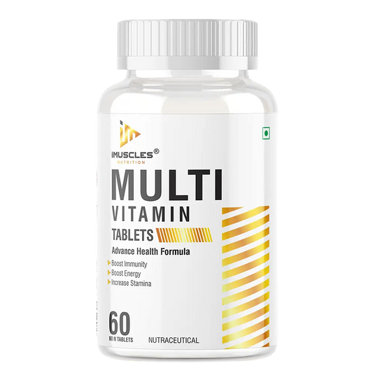iMuscles Nutrition Multivitamin Tablets banner featuring two 60-count bottles. One bottle stands upright while the other is tipped over with several reddish-brown tablets spilled out. Bold text reads "MULTIVITAMIN TABLETS" and "ADVANCE HEALTH FORMULA".