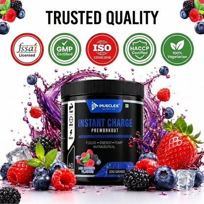 A square digital promotional image titled "Mix Berries 12.jpg" featuring an iMuscles Nutrition "INSTANT CHARGE" pre-workout jar under the headline "TRUSTED QUALITY." Above the jar are five certification badges: FSSAI Licensed, GMP Certified, ISO 22000:2018, HACCP Certified, and 100% Vegetarian. The jar is surrounded by vibrant berry juice splashes, fresh berries, and ice cubes.