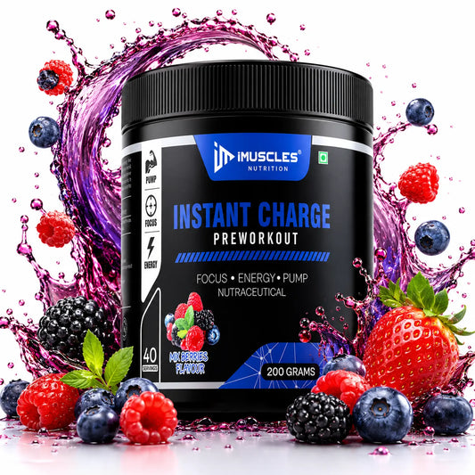 iMuscles Instant Charge pre workout mix berries flavor, energy and endurance supplement for intense workouts