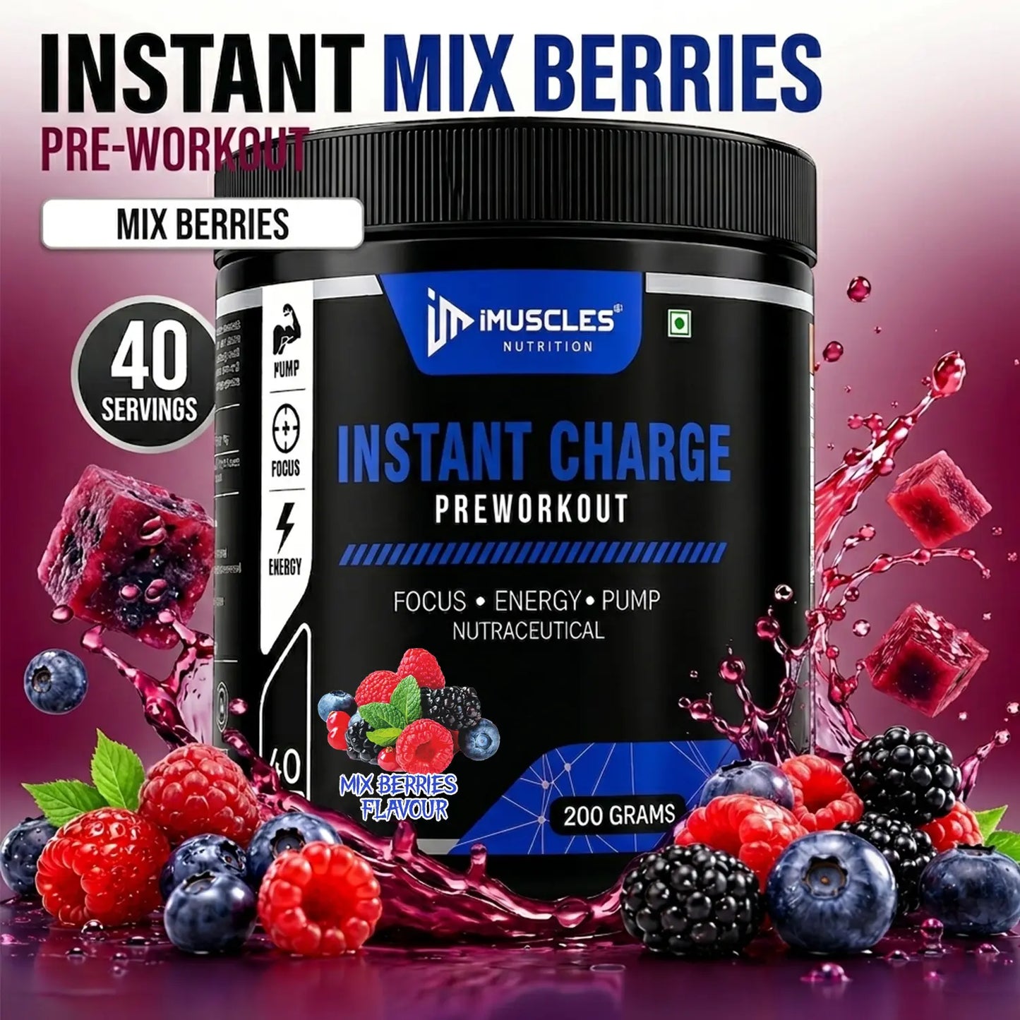 A square digital product promotional image titled "Mix Berries 8.jpg" featuring a black iMuscles Nutrition "INSTANT CHARGE" pre-workout jar. The text "INSTANT MIX BERRIES PRE-WORKOUT" appears at the top. The jar is accented by dynamic berry juice splashes, fresh raspberries, blueberries, blackberries, and berry cubes against a vibrant purple gradient background.