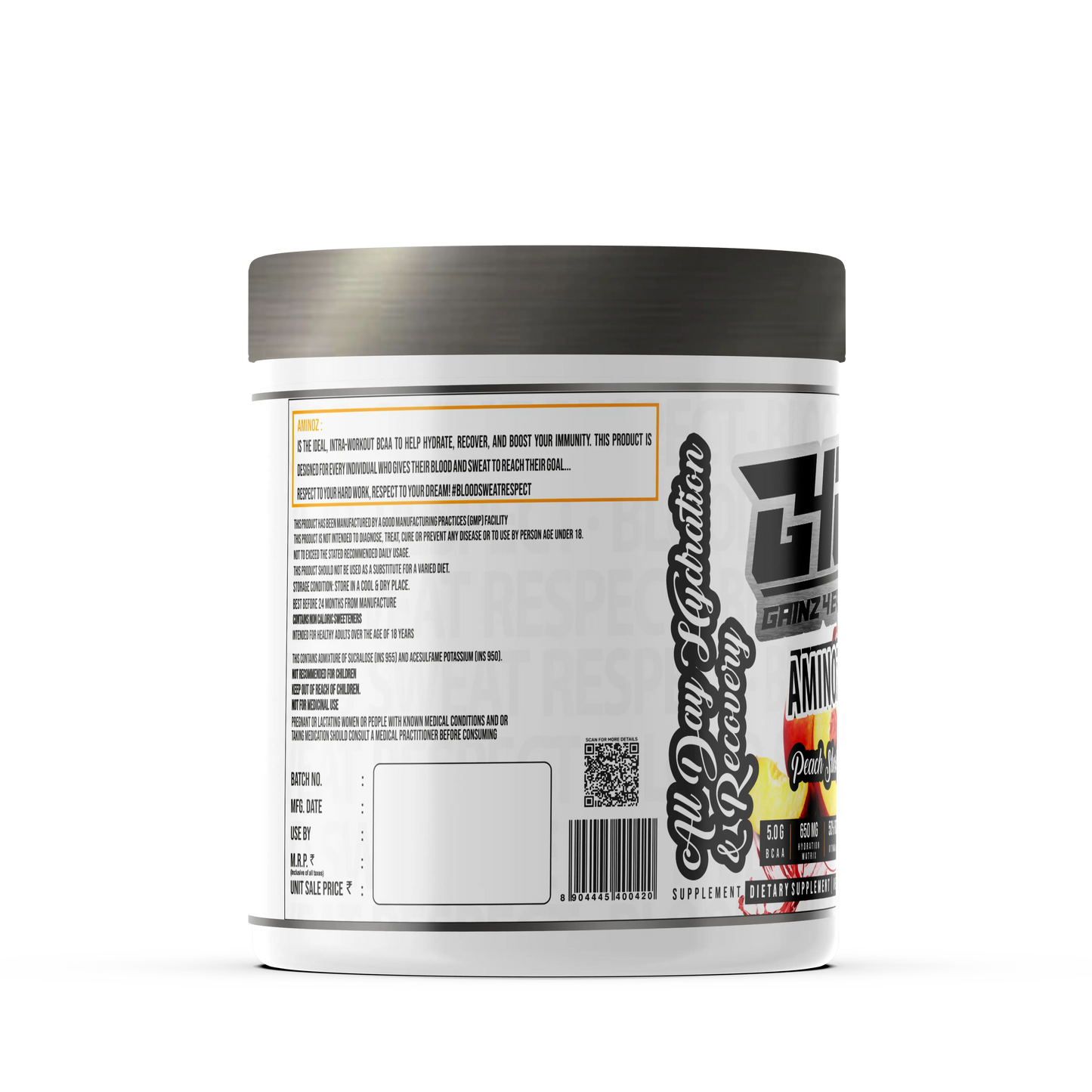 Promotional graphic for GAINZ 4 EVER AMINOZ Peach Slushie flavor. The white 270g supplement jar is centered against a background of dynamic yellow and orange liquid splashes and fresh peach slices with green leaves. The label prominently features "BCAA + ELECTROLYTES" and "All Day Hydration & Recovery" with callouts for 5.0g BCAA, 650mg Hydration Matrix, and 50% RDA Vitamin