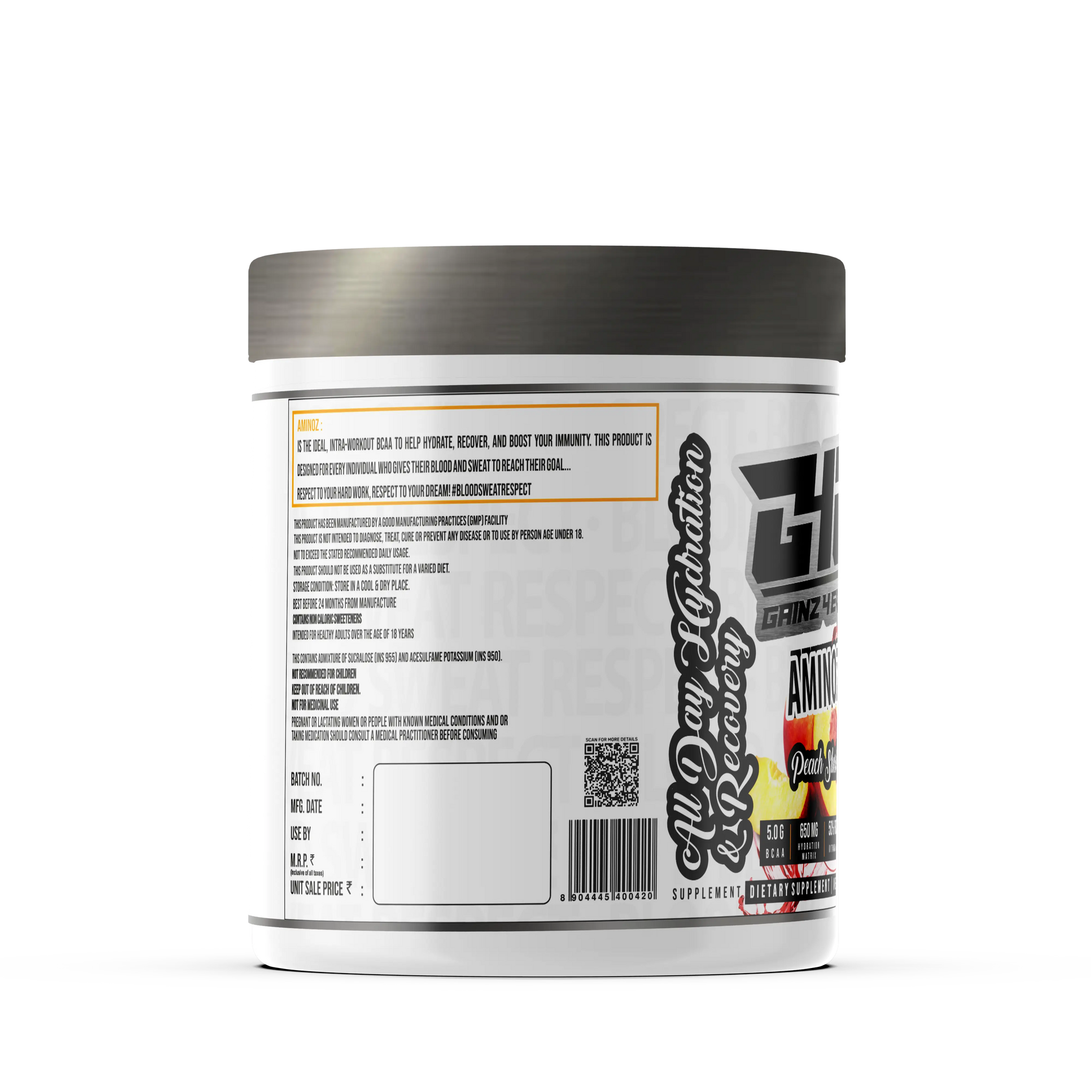 Promotional graphic for GAINZ 4 EVER AMINOZ Peach Slushie flavor. The white 270g supplement jar is centered against a background of dynamic yellow and orange liquid splashes and fresh peach slices with green leaves. The label prominently features "BCAA + ELECTROLYTES" and "All Day Hydration & Recovery" with callouts for 5.0g BCAA, 650mg Hydration Matrix, and 50% RDA Vitamin