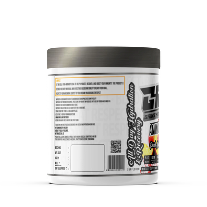 Promotional graphic for GAINZ 4 EVER AMINOZ Peach Slushie flavor. The white 270g supplement jar is centered against a background of dynamic yellow and orange liquid splashes and fresh peach slices with green leaves. The label prominently features "BCAA + ELECTROLYTES" and "All Day Hydration & Recovery" with callouts for 5.0g BCAA, 650mg Hydration Matrix, and 50% RDA Vitamin