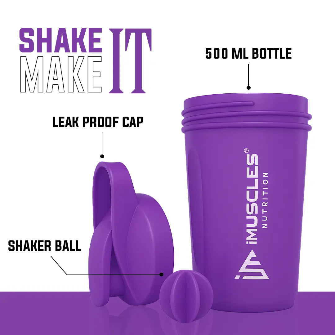 A promotional banner for the iMuscles Nutrition green shaker bottle. On the left, bold dark green text on a light green background reads "SHAKE UP SUCCEED" and "YOUR FITNESS GAME CHANGER". The right side features a 500 ml lime green shaker bottle and a matching green mixing ball, labeled with "VERSATILITY" and "500 ML