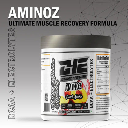 Promotional graphic for GAINZ 4 EVER AMINOZ Peach Slushie flavor. The white 270g supplement jar is centered against a background of dynamic yellow and orange liquid splashes and fresh peach slices with green leaves. The label prominently features "BCAA + ELECTROLYTES" and "All Day Hydration & Recovery" with callouts for 5.0g BCAA, 650mg Hydration Matrix, and 50% RDA Vitamin C.