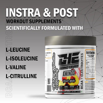 Promotional graphic for GAINZ 4 EVER AMINOZ Peach Slushie flavor. The white 270g supplement jar is centered against a background of dynamic yellow and orange liquid splashes and fresh peach slices with green leaves. The label prominently features "BCAA + ELECTROLYTES" and "All Day Hydration & Recovery" with callouts for 5.0g BCAA, 650mg Hydration Matrix, and 50% RDA Vitamin C.