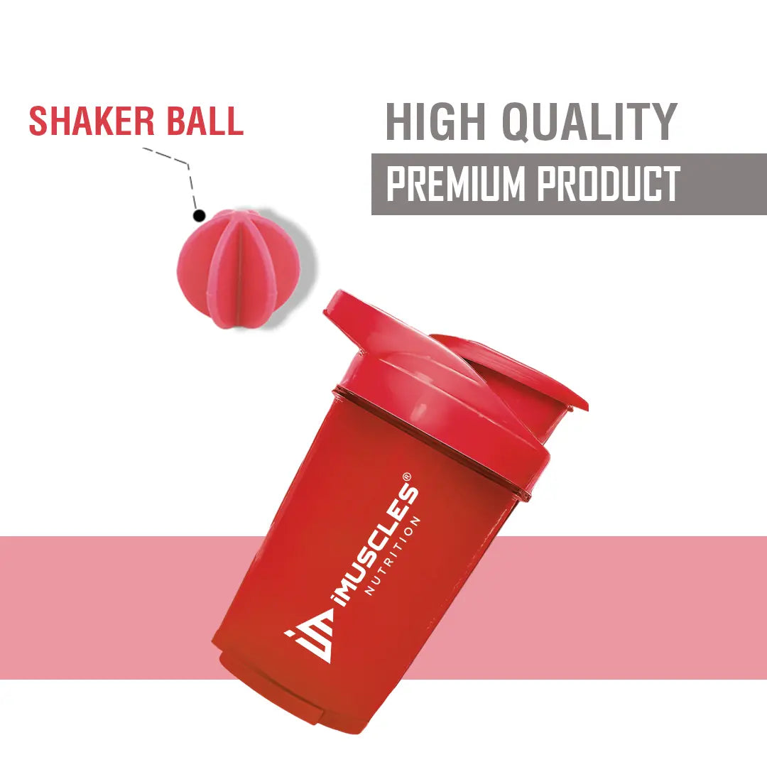 A promotional banner for the iMuscles Nutrition red shaker bottle. The left side features bold dark red text on a light pink background that reads "SHAKE UP SUCCEED" and "YOUR FITNESS GAME CHANGER." The right side displays a 500 ml red shaker bottle and a matching red mixing ball, with labels for "VERSATILITY" and "500 ML."