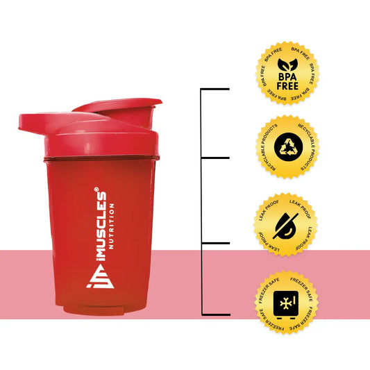 A promotional banner for the iMuscles Nutrition red shaker bottle. The left side features bold dark red text on a light pink background that reads "SHAKE UP SUCCEED" and "YOUR FITNESS GAME CHANGER." The right side displays a 500 ml red shaker bottle and a matching red mixing ball, with labels for "VERSATILITY" and "500 ML."