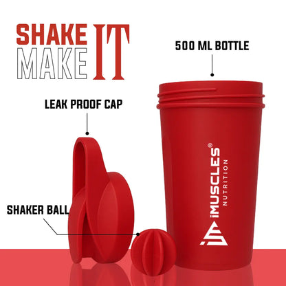 A promotional banner for the iMuscles Nutrition red shaker bottle. The left side features bold dark red text on a light pink background that reads "SHAKE UP SUCCEED" and "YOUR FITNESS GAME CHANGER." The right side displays a 500 ml red shaker bottle and a matching red mixing ball, with labels for "VERSATILITY" and "500 ML."