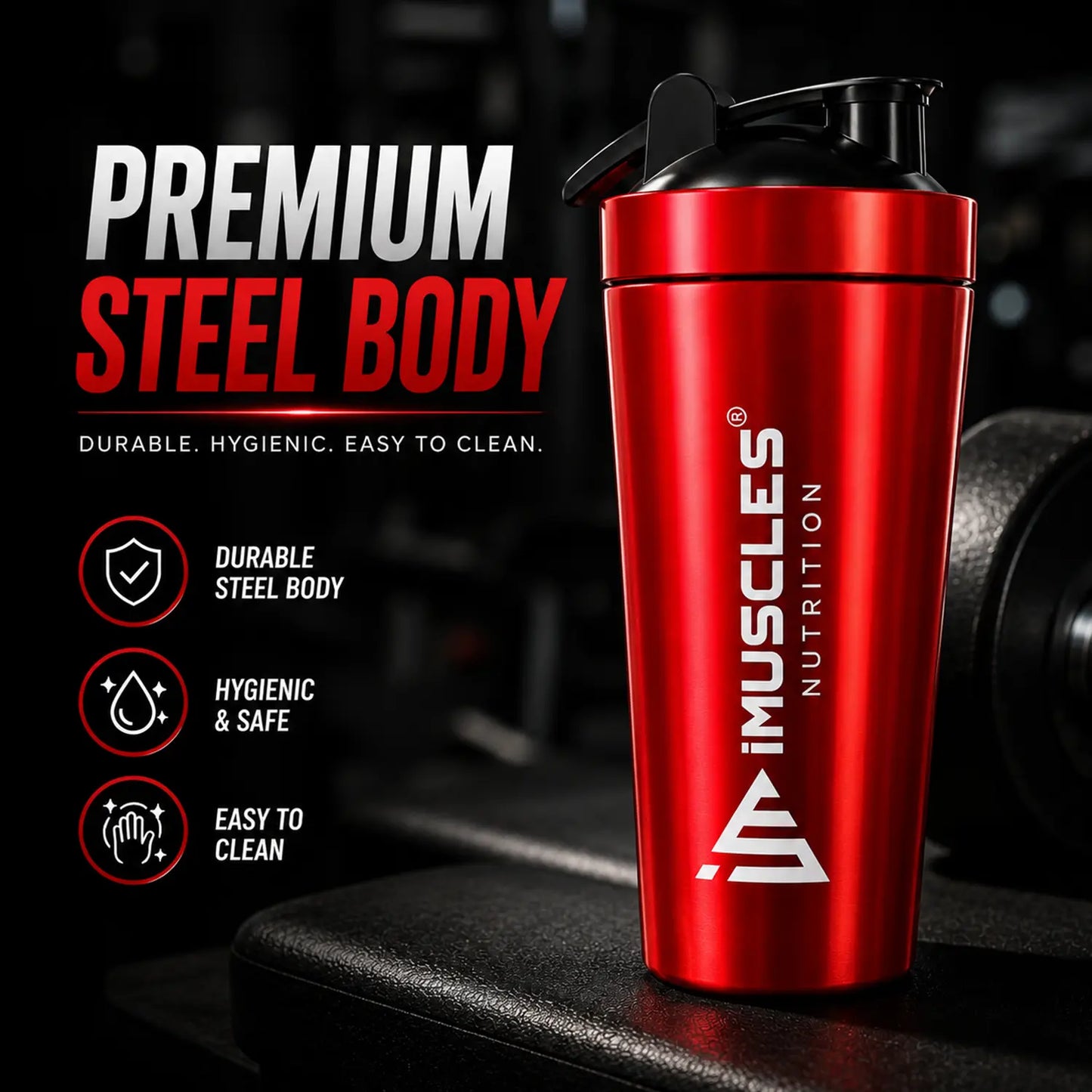 A promotional advertisement for "BLUE 1.1.jpg" featuring a premium blue steel shaker bottle from iMuscles Nutrition. The text highlights its durable, hygienic, and easy-to-clean design, showcasing it as a reliable fitness accessory for gym-goers needing a safe and high-quality container for their supplements and workout drinks.