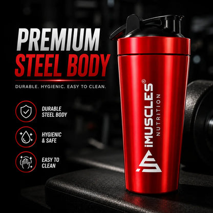 A promotional advertisement for "BLUE 1.1.jpg" featuring a premium blue steel shaker bottle from iMuscles Nutrition. The text highlights its durable, hygienic, and easy-to-clean design, showcasing it as a reliable fitness accessory for gym-goers needing a safe and high-quality container for their supplements and workout drinks.
