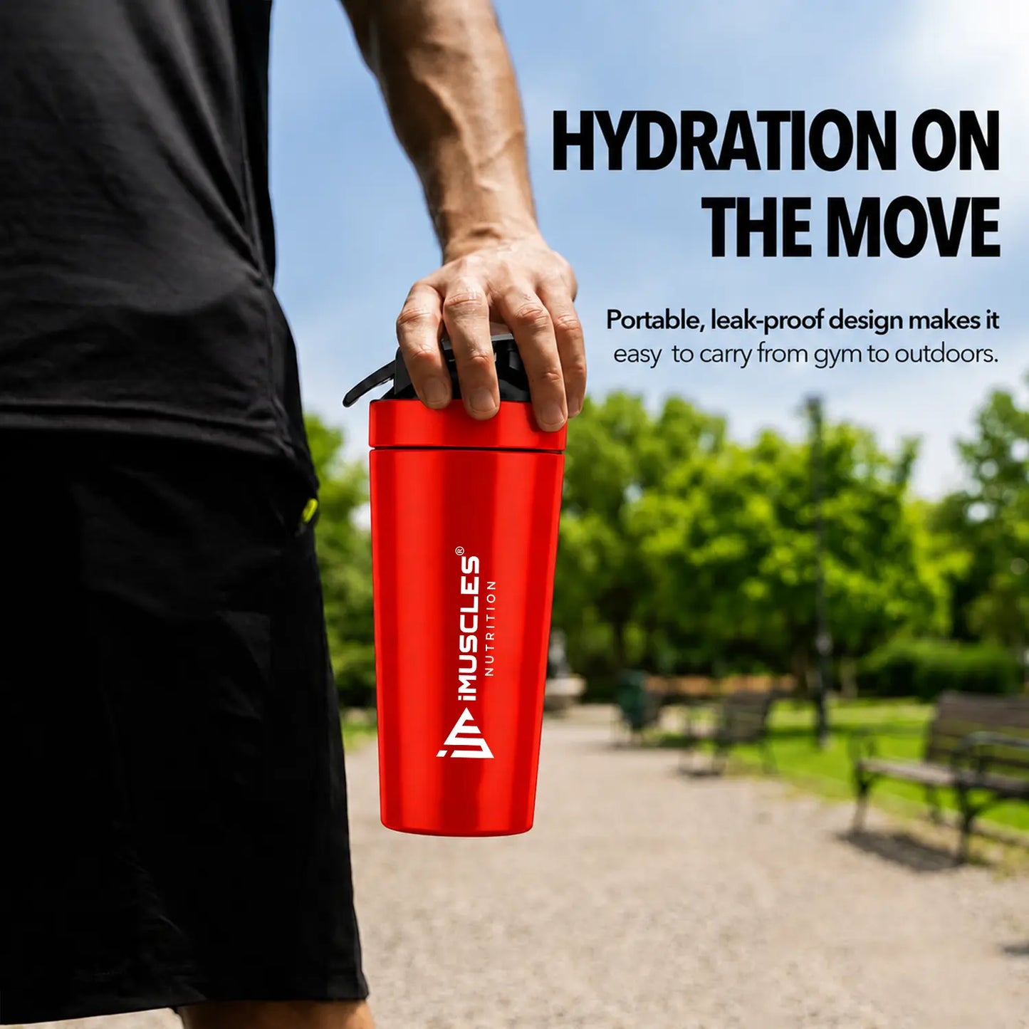 A promotional advertisement for "BLUE 1. 2.jpg" featuring a person carrying a blue iMuscles Nutrition shaker bottle in a park. Titled "Hydration on the Move," the graphic highlights the product's portable, leak-proof design, making it convenient to transport from the gym to outdoor activities.