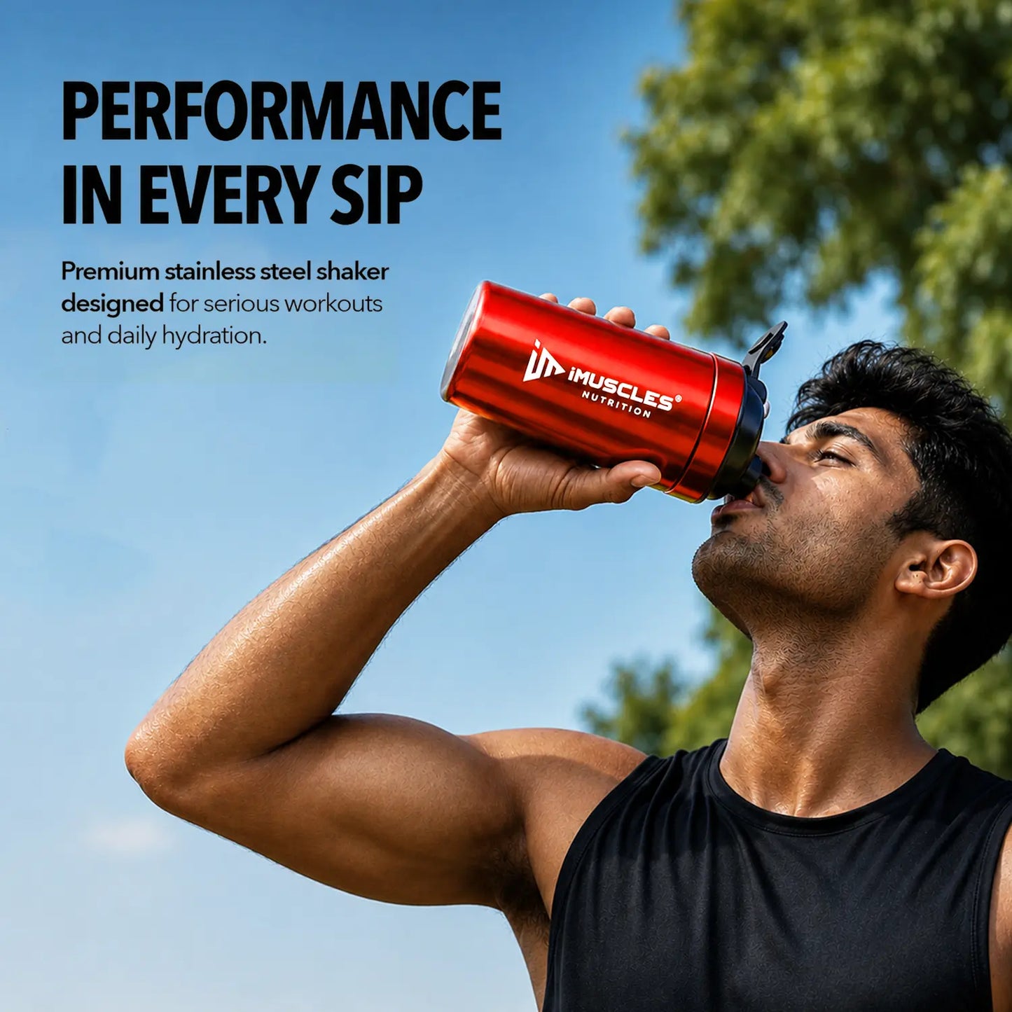 A promotional advertisement for "BLUE 1. 3.jpg" featuring an athlete drinking from a premium blue stainless steel iMuscles Nutrition shaker bottle. The graphic, titled "Performance in Every Sip," highlights the bottle's design for serious workouts and daily hydration, emphasizing both durability and functionality for active users.