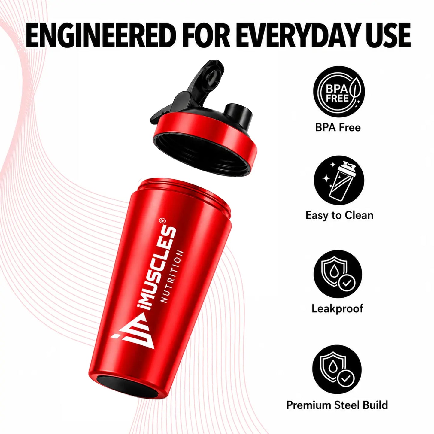 A promotional graphic for "BLUE 1. 4.jpg" titled "Engineered for Everyday Use," featuring a blue iMuscles Nutrition shaker bottle. The image highlights key product features: BPA-free, easy to clean, leakproof, and a premium steel build, emphasizing its durability and safety for daily use.