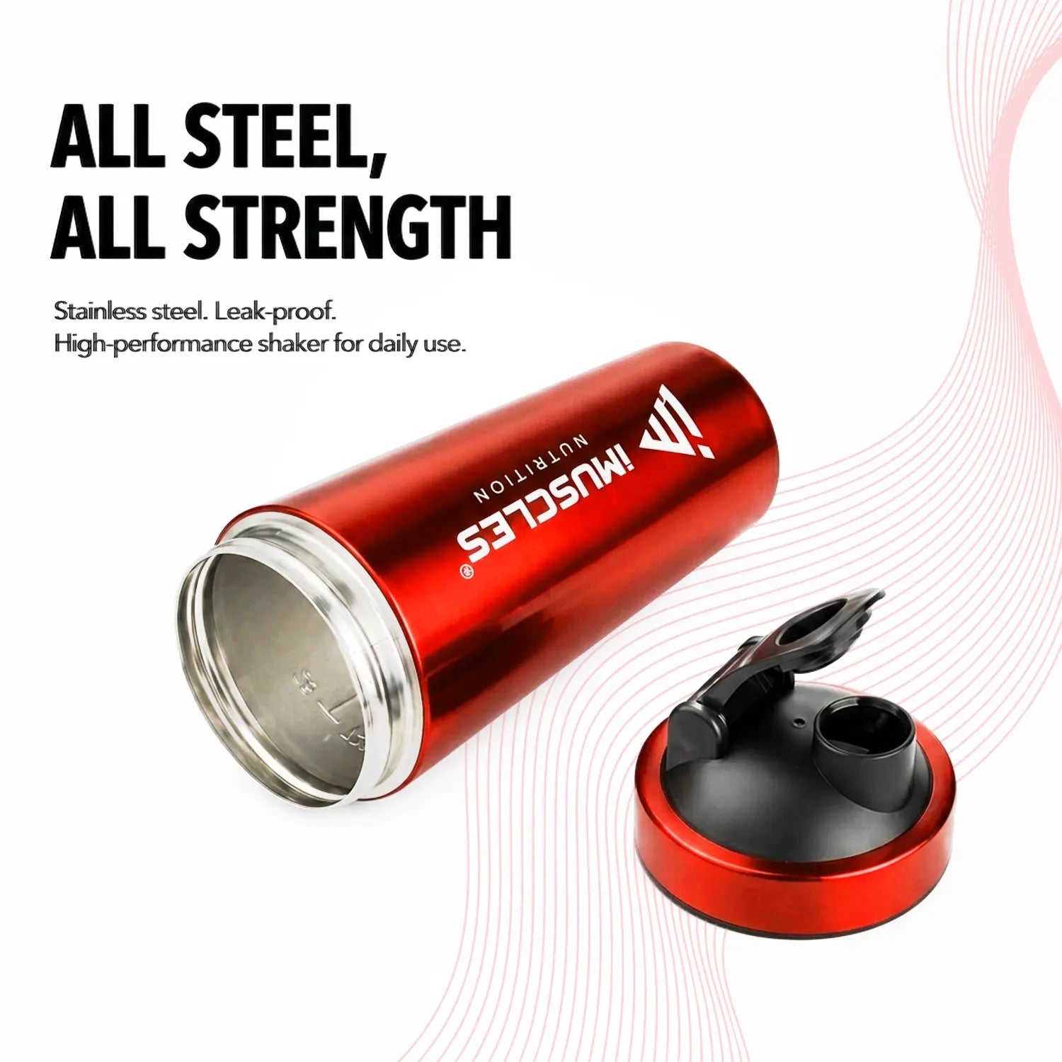 A promotional advertisement for "BLUE 1. 5.jpg" featuring a blue iMuscles Nutrition stainless steel shaker bottle with its lid open. The graphic, titled "All Steel, All Strength," emphasizes its leak-proof, high-performance design, highlighting the durability and strength required for daily use by athletes and fitness enthusiasts.