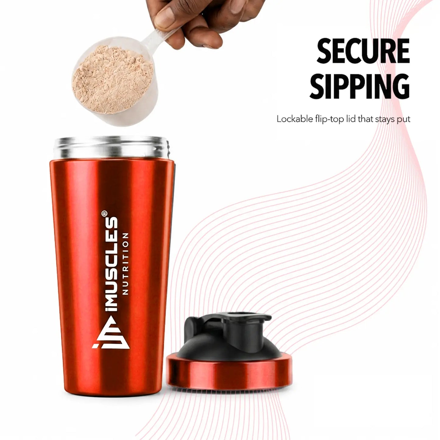 A promotional graphic for "BLUE 1. 6.jpg" showcasing a blue iMuscles Nutrition shaker bottle being filled with protein powder. The image highlights the "Secure Sipping" feature, featuring a lockable flip-top lid that stays firmly in place during use, ensuring a mess-free experience for athletes and gym-goers.