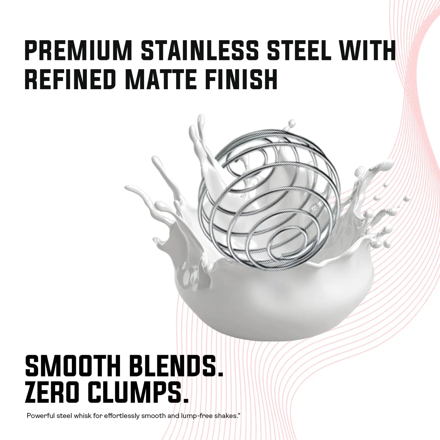 A promotional graphic for "BLUE 1. 7.jpg" highlighting the premium features of an iMuscles Nutrition shaker bottle, specifically focusing on its premium stainless steel construction with a refined matte finish and a powerful steel whisk ball that ensures smooth, lump-free protein shakes for every use.