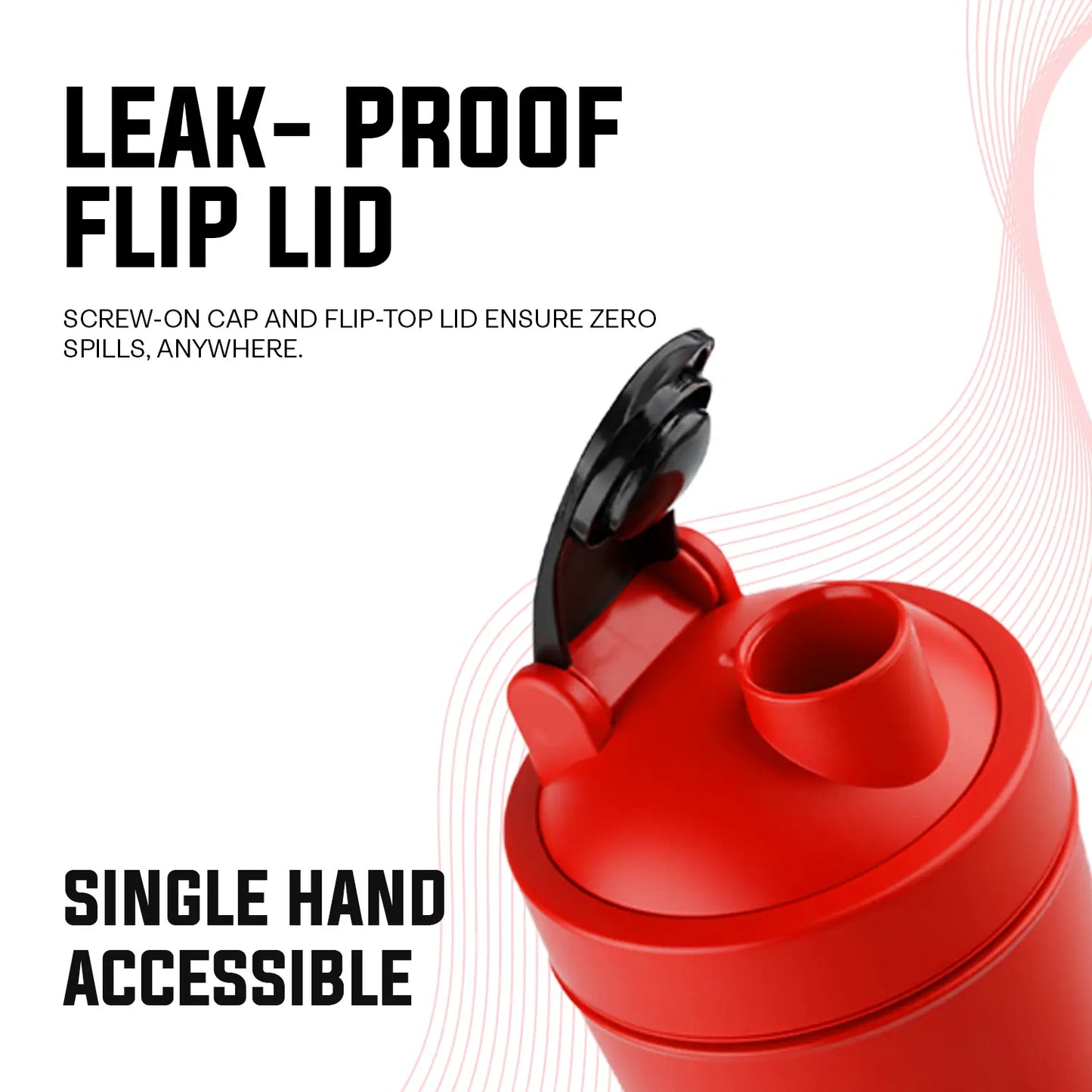 A promotional graphic for "BLUE 1. 8.jpg" highlighting the leak-proof flip lid design of an iMuscles Nutrition shaker bottle. The image emphasizes its screw-on cap and flip-top lid, which ensure zero spills anywhere and provide convenient single-hand accessibility for active users.