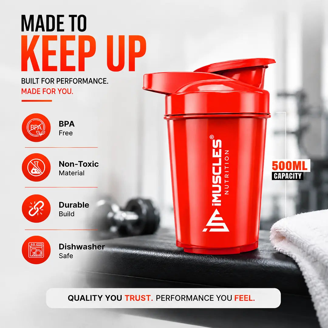 In "black 1.jpg", a 500ml iMuscles Nutrition shaker bottle is presented as a high-performance fitness accessory. The image highlights its durable build, non-toxic and BPA-free material, and dishwasher-safe convenience, emphasizing a reliable, premium product designed to support an active, health-conscious lifestyle during workouts and daily activities.