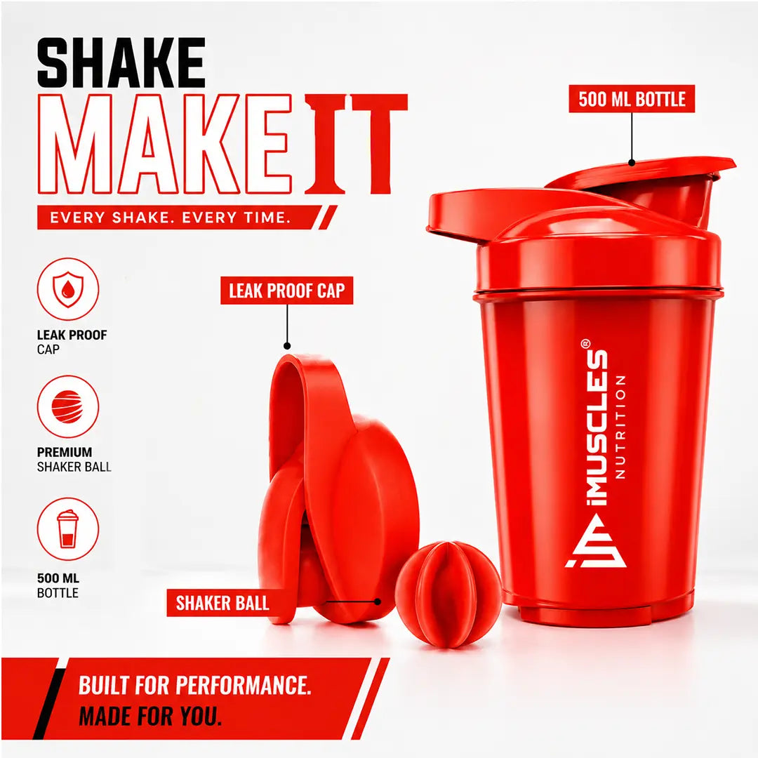 In "black 2.jpg", a black 500ml iMuscles Nutrition shaker bottle is displayed alongside its leak-proof cap and mixing ball. The design emphasizes performance and durability, featuring clean branding and highlighting the key components required for a smooth, lump-free protein shake in an professional, minimalist studio product shot.