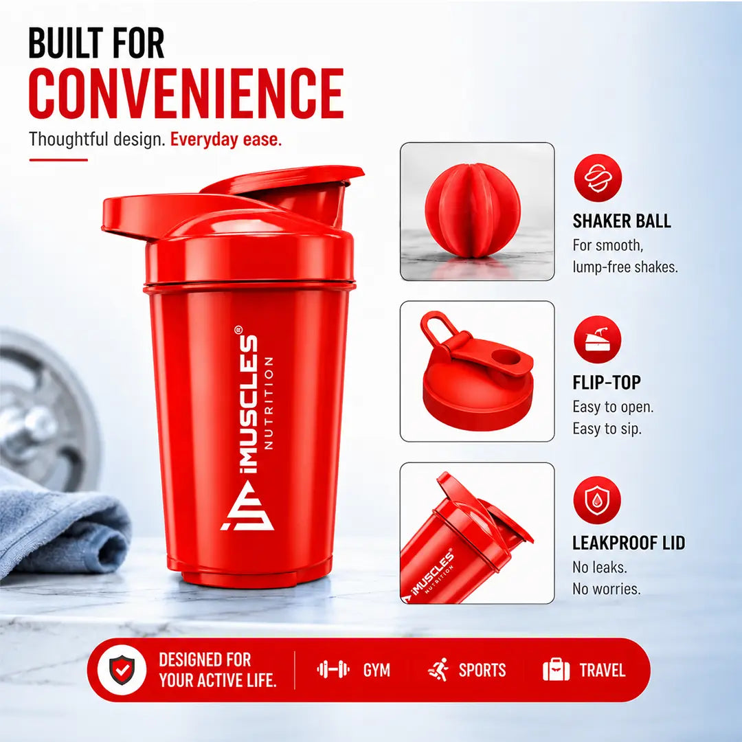 In "black 3.jpg", a black iMuscles Nutrition shaker bottle is showcased alongside close-ups of its shaker ball, flip-top lid, and leakproof design. The image highlights its convenience for gym, sports, and travel, emphasizing a durable, functional, and user-friendly design for active lifestyles in a professional, clean product presentation.