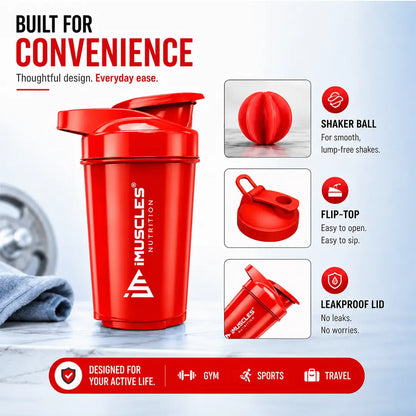 In "black 3.jpg", a black iMuscles Nutrition shaker bottle is showcased alongside close-ups of its shaker ball, flip-top lid, and leakproof design. The image highlights its convenience for gym, sports, and travel, emphasizing a durable, functional, and user-friendly design for active lifestyles in a professional, clean product presentation.