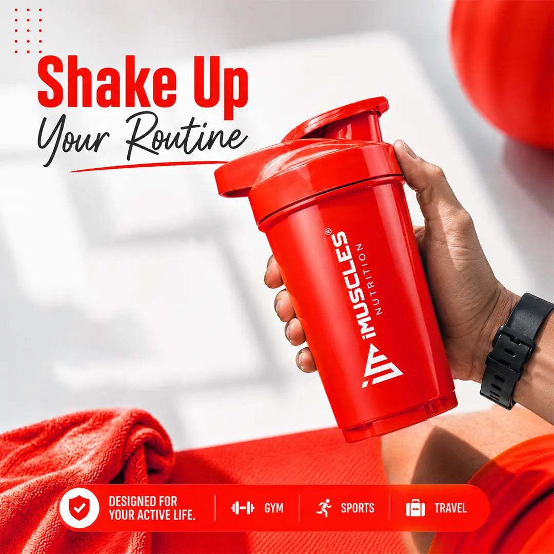 In "black 4.jpg", a hand holds a sleek black iMuscles Nutrition shaker bottle, promoting it as a tool to "Shake Up Your Routine." The image conveys a modern, energetic, and powerful branding theme, emphasizing its role as a premium, high-performance accessory designed for fitness and active lifestyle branding.