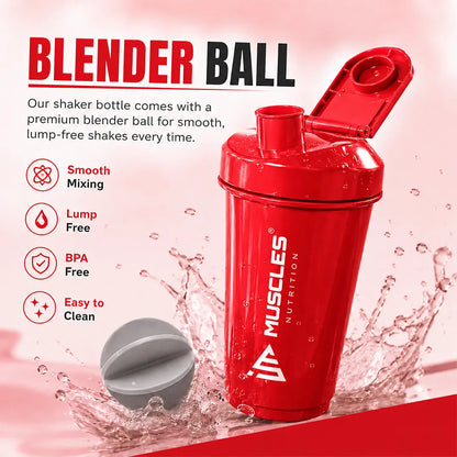 In "black 6.jpg", a black iMuscles Nutrition shaker bottle is displayed alongside a blender ball with a dynamic water splash effect. The image highlights the bottle's premium features, including smooth mixing, lump-free results, BPA-free material, and easy-to-clean design, showcasing a high-performance accessory for fitness enthusiasts.
