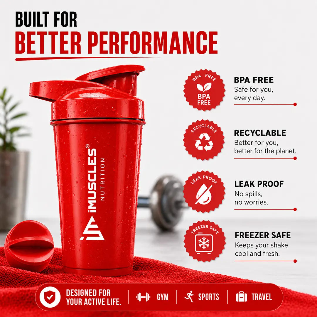 In "black 7.jpg", a black iMuscles Nutrition shaker bottle is displayed on a towel, highlighting its premium performance features. The image emphasizes key benefits, including BPA-free construction, recyclable materials, a leak-proof design, and freezer safety, presenting an essential, high-quality accessory for modern fitness enthusiasts and supplement users.